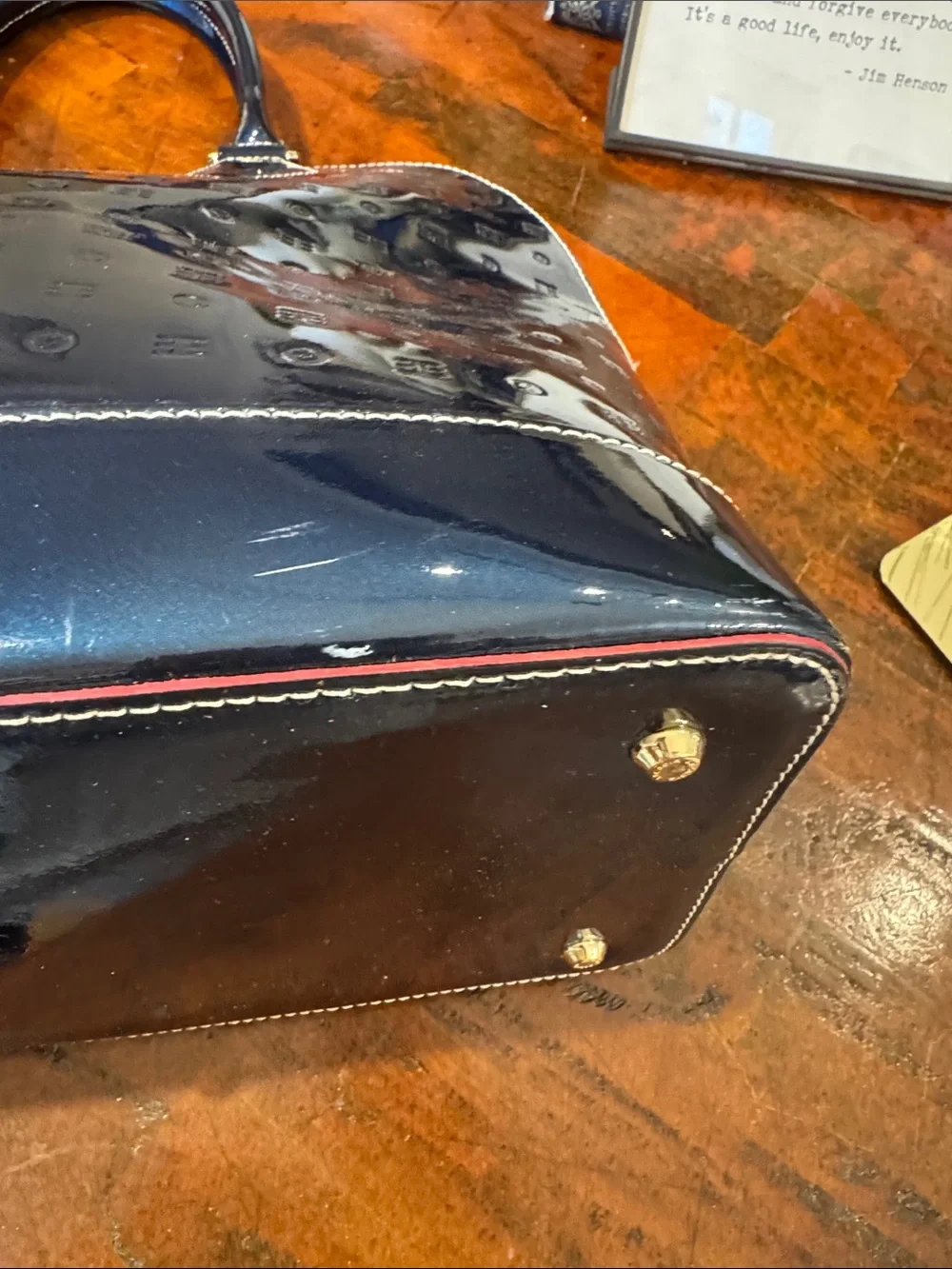 Arcadia Patent Dome Satchel in Navy with Red Trim
